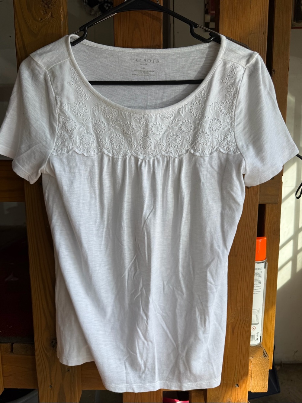 Talbots White Eyelet Yoke Scoop Neck Short Sleeve Tee